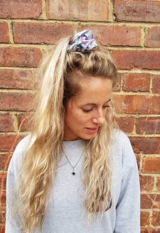 SKY BLUE WITH PINK FLORAL PRINT SCRUNCHIE