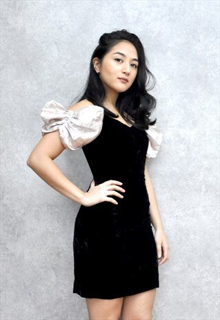 Y2K VTG BODYCON DRESS BLACK BARDOT VELVET OFF SHOULDER DRESS