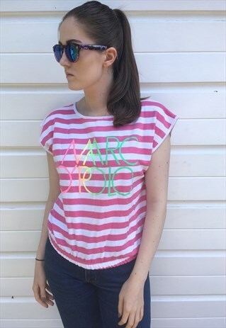 WOMENS VINTAGE 80S TOP PINK WHITE STRIPY TSHIRT SHORT SLEEVE