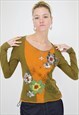 Vintage Y2K Top Graphic Print Boho Patchwork Long Sleeve