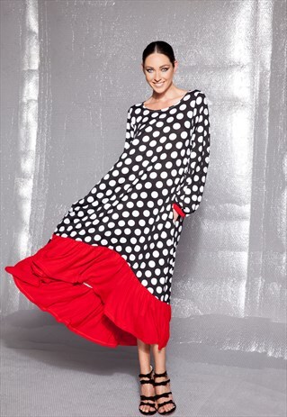 POLKA DOTS MAXI DRESS/ PLUS SIZE DRESS/ LONG SLEEVE DRESS