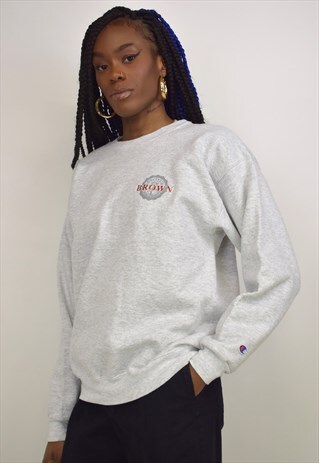 VINTAGE 90S CHAMPION GREY MARLE BROWN UNIVERSITY JUMPER