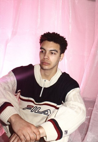 VINTAGE FILA CREAM AND NAVY 1/4 ZIP KNITTED JUMPER