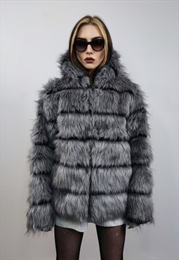 Striped fox fur jacket hooded grey shaggy peacoat overcoat