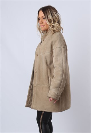 SHEEPSKIN SHEARLING SUEDE COAT JACKET SHORT UK 14 (D91L)