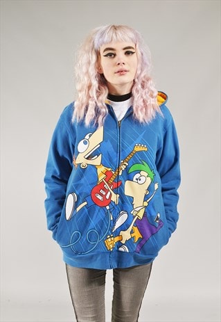 VINTAGE DISNEY PHINEAS & FERB HOODIE BLUE