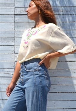 Vintage embroidered floral organic cotton blouse