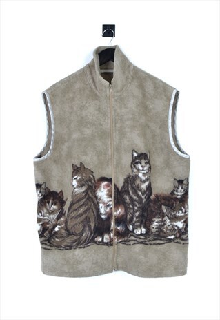 Vintage CATS Printed Fleece Zip Up Vest Gilet