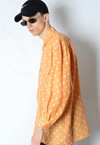 VINTAGE 90S PASTEL PEACH POLKA DOT SILK LONG SLEEVE SHIRT