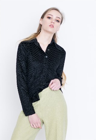 VINTAGE BLACK VELVET CHECKED LONG SLEEVE RETRO SHIRT