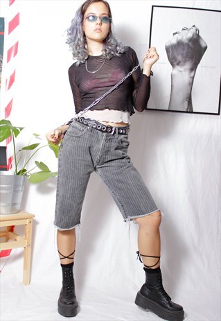 90S GRUNGE INDIAN MOTOCYCLE GREY PIN-STIPE CROP DENIM SHORTS