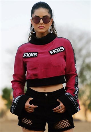 MAROON TURTLE NECK CROP TOP WITH FLARED SLEEVES
