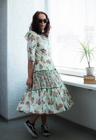 VINTAGE 70'S REVIVAL CREAM FLOWER PRINT LACE MIDI DRESS