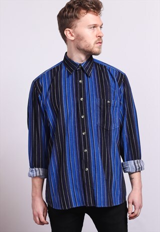 VINTAGE CORDUROY CORD STRIPED SHIRT BLUE