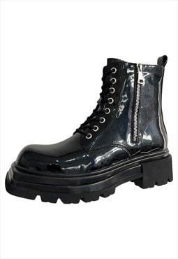Patent ankle boots chunky sole Punk shoes tractor trainers