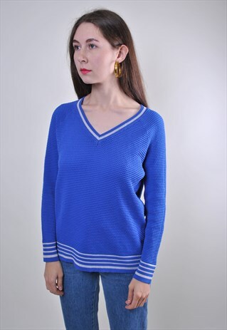 WOMAN VINTAGE BLUE DEEP V JUMPER, 80S COLLEGE SWEATSHIRT