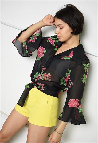 VINTAGE 70S PARIS CHIC SHEER BLOUSE TOP WITH FLORAL PRINT