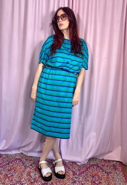 vintage 80s dress blue and green striped summer midi