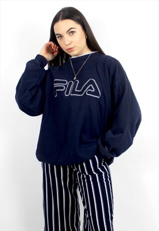 90'S RETRO NAVY & WHITE SPELL-OUT EMBROIDERED SWEATSHIRT