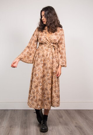 VINTAGE 70'S LIGHT BROWN FLORAL PATTERN WRAP MIDI DRESS