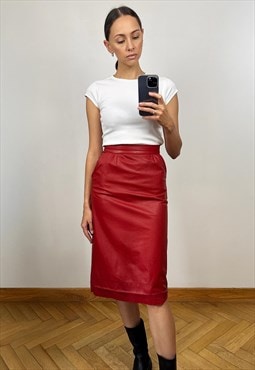  High Waist Red Leather Midi Pencil Skirt