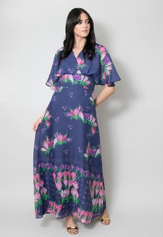 70's Vintage Ladies Blue Maxi Dress Floral Print 