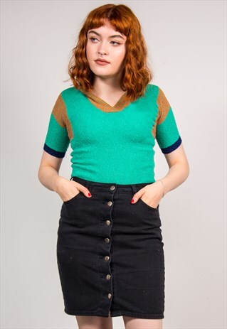 70'S VINTAGE GREEN SAILOR STYLE CUTE KNIT TOP