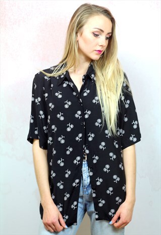 1990S VINTAGE BLACK WITH CREAM FLORAL PRINT BLOUSE