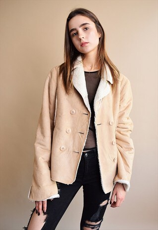 90'S RETRO FAUX SUEDE & FAUX FUR SHERPA SHEARLING JACKET
