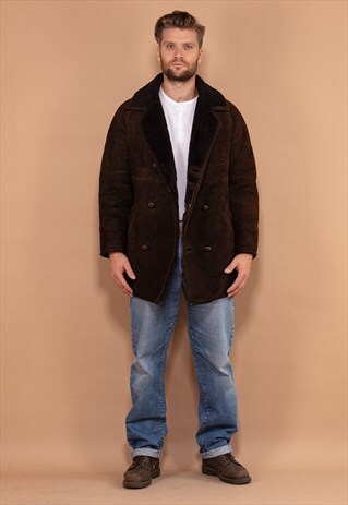 VINTAGE 80'S MEN SHEEPSKIN SUEDE COAT IN DARK BROWN