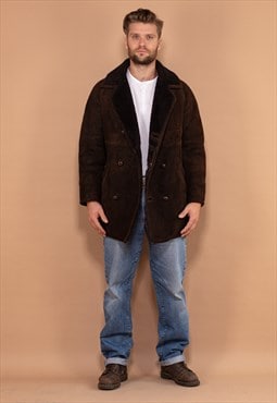 Vintage 80's Men Sheepskin Suede Coat in Dark Brown