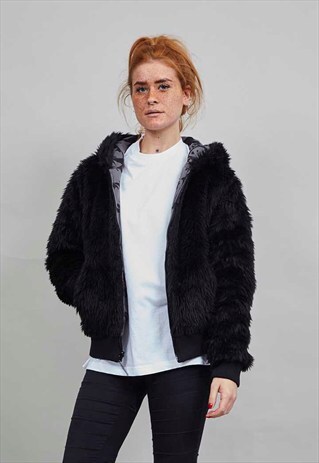 VINTAGE 90'S BLACK FAUX FUR BOMBER JACKET