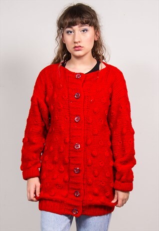 VINTAGE 90'S RED BOBBLE PATTERN KNIT WOOL JUMPER CARDIGAN