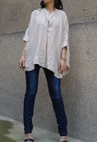 CASUAL TUNIC LINEN SHIRT OVERSIZED TOP ASYMMETRICAL F1469