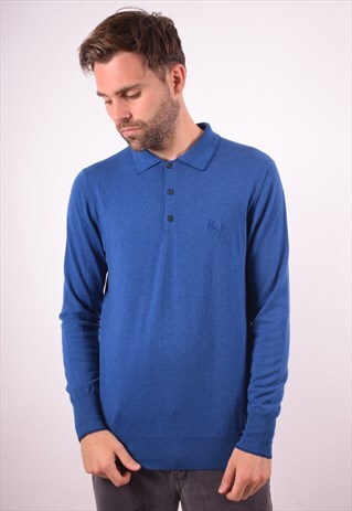 BURBERRY MENS VINTAGE JUMPER SWEATER LARGE BLUE 90S