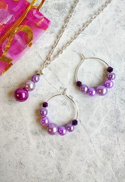 Handmade Lilac Faux Pearl Earring and Necklace Set
