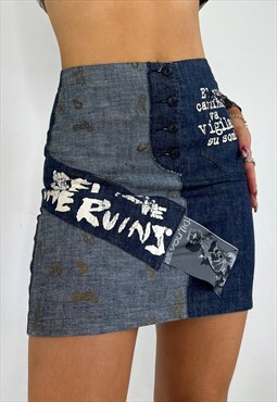 Vintage Y2k Skirt Denim Mini Graphic Print Grunge Graffiti 