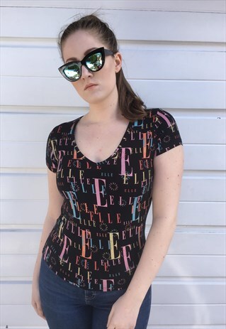 WOMENS VINTAGE 90S Y2K ELLE TSHIRT ELLE ALL OVER PRINT TOP