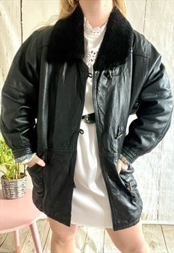 Vintage Black Leather Fur Collar Duffle 70's Coat Jacket