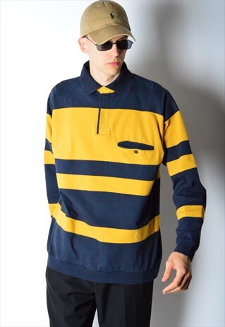 VINTAGE 90S NAVY BLUE YELLOW STRIPED SWEATSHIRT