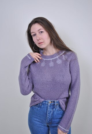 90S PURPLE FLORAL SWEATER, VINTAGE LACE FLOWERS PULLOVER