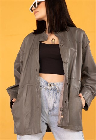 VINTAGE 90S LEATHER JACKET IN GREY M
