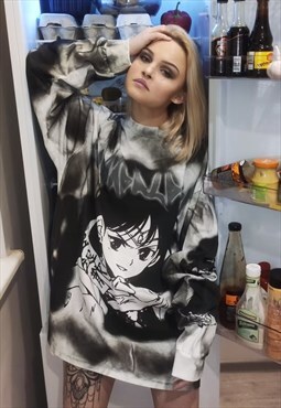 Manga cartoon t-shirt faded top Anime dress jumper tee grey