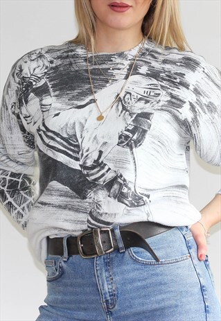 VINTAGE 90'S ICE HOCKEY GREY & WHITE SWEATSHIRT