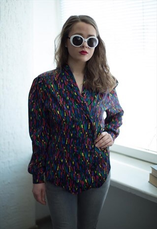 VINTAGE 80'S BLACK PATTERNED DOUBLE BREASTED BLOUSE