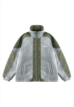 Color block fleece fluffy bomber jacket winter coat in grey