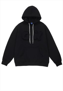 Fleece patch hoodie OK slogan pullover grunge jumper black