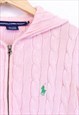 VINTAGE RALPH LAUREN KNIT HOODIE PINK ZIP UP CABLE KNIT