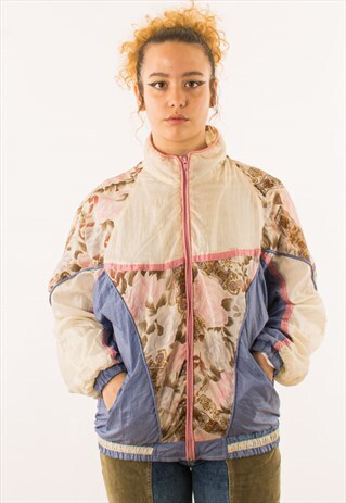 VINTAGE 90S CREAM BLUE FLORAL CRAZY WINDBREAKER JACKET