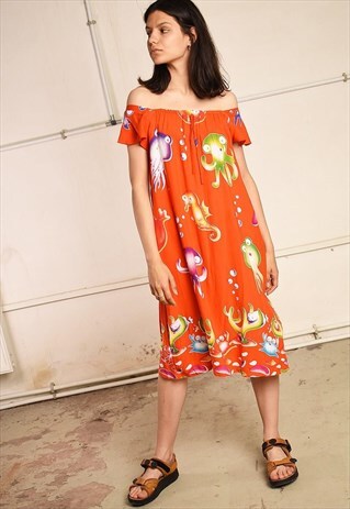 90'S RETRO SEA LIFE PRINT FESTIVAL MIDI DRESS